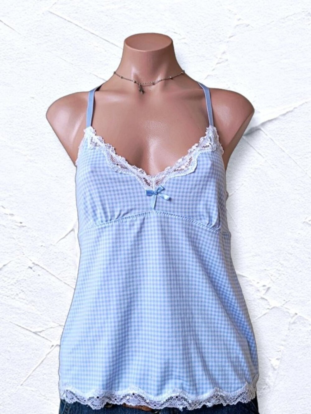 Laura Ashley Vintage Blue Plaid Lace Trim Bow Cami Tank Top (M)